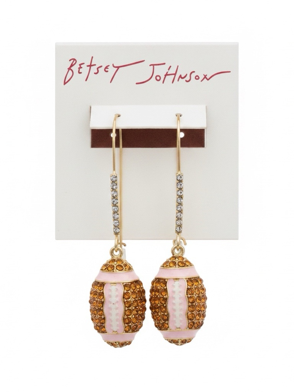 Betsey Johnson Pink and Amber Crystal Football Theme Drop Earrings NWT